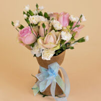 Blush Ivory Grace Bouquet with blush pink roses, white carnations, jute wrap, and pale blue ribbon by Rapid Petals by Yashken Fresh